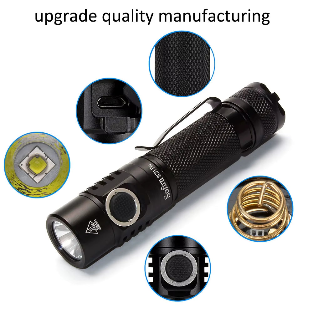 SC31 Pro SST40 LED 2000LM Anduril Outdoor Tactical Flashlight Powerful Rechargeable USB C 18650 Torch
