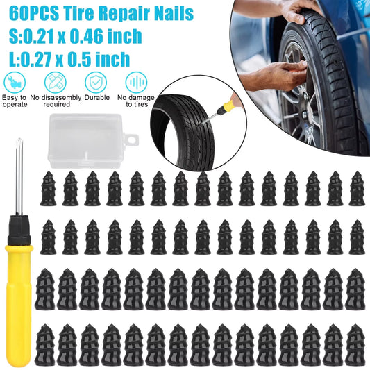 Instant Tyre Emergency Repair Kit – 60-Piece Rubber Screw-In Nail Set (Car, 4WD & Motorcycle)